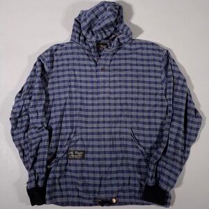 Vermont Flannel Co Hoodie Pullover Small Blue Grey Plaid Henley Kangaroo Pocket